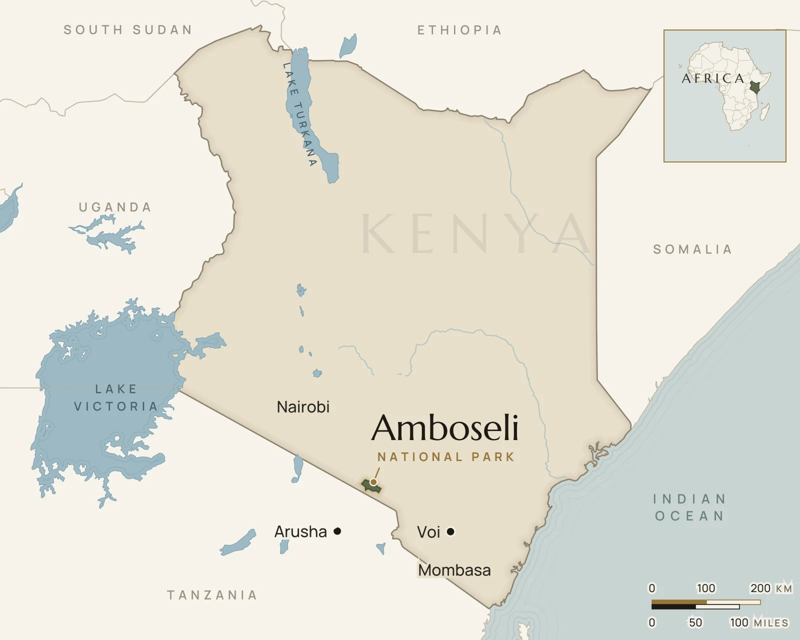 Map of Kenya showing where Amboseli National Park is: southern Kenya, at the foot of Kilimanjaro on the Tanzanian border