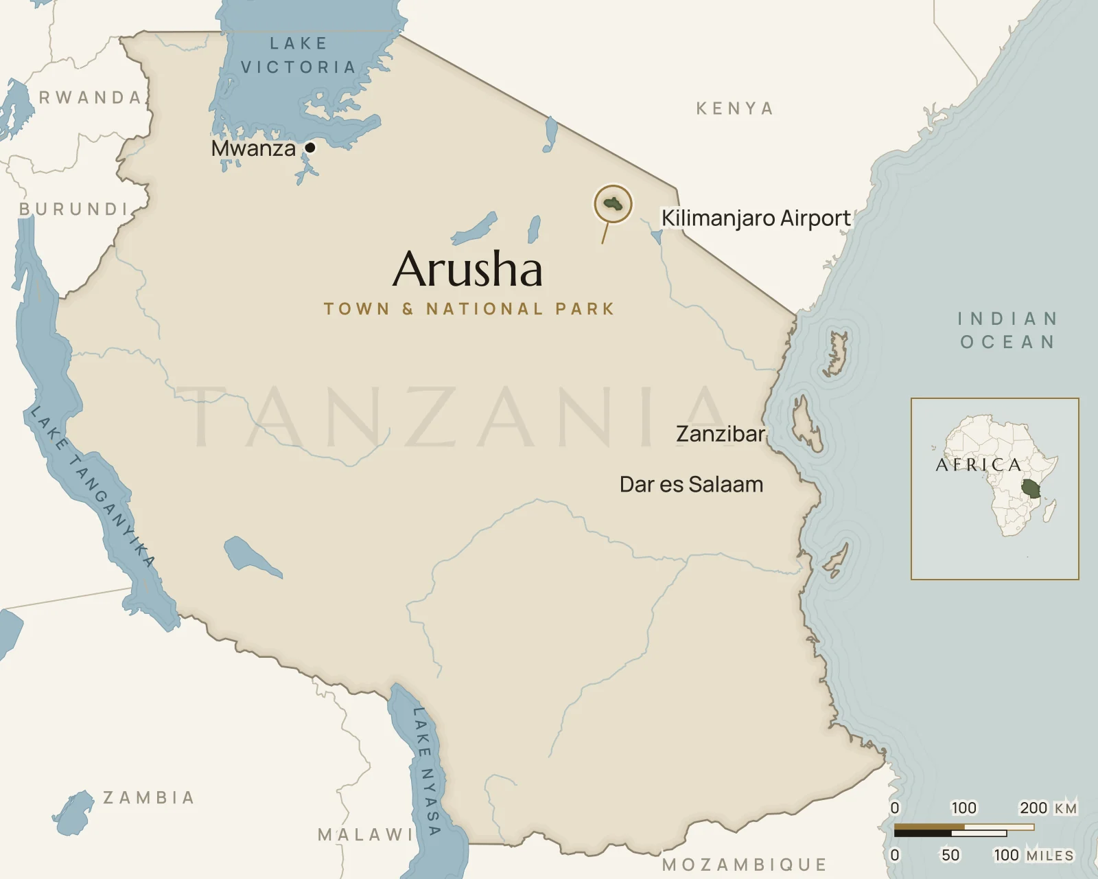 Map of Tanzania showing where Arusha is: northern Tanzania, at the foot of Mount Meru.
