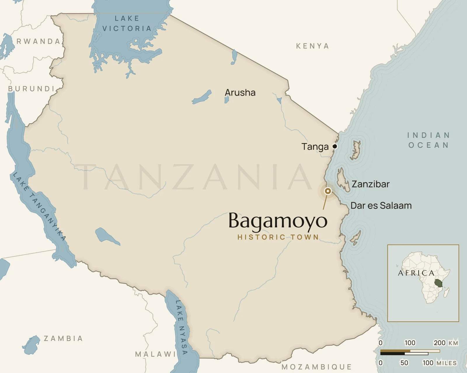 Map of Tanzania showing where Bagamoyo is: on the coast, north of Dar es Salaam.