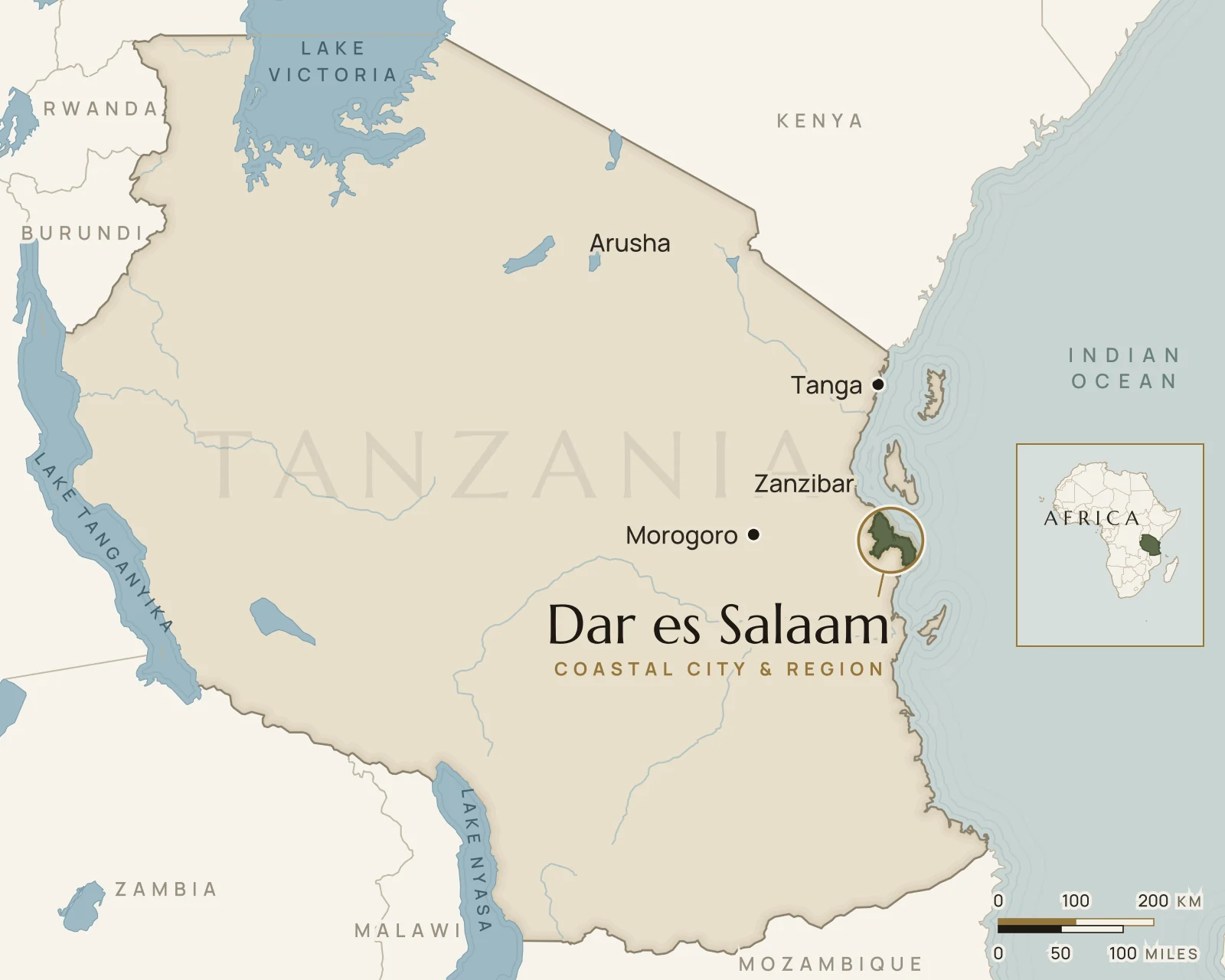 Map of Tanzania showing Dar es Salaam Region on the Indian Ocean coast, south of Zanzibar