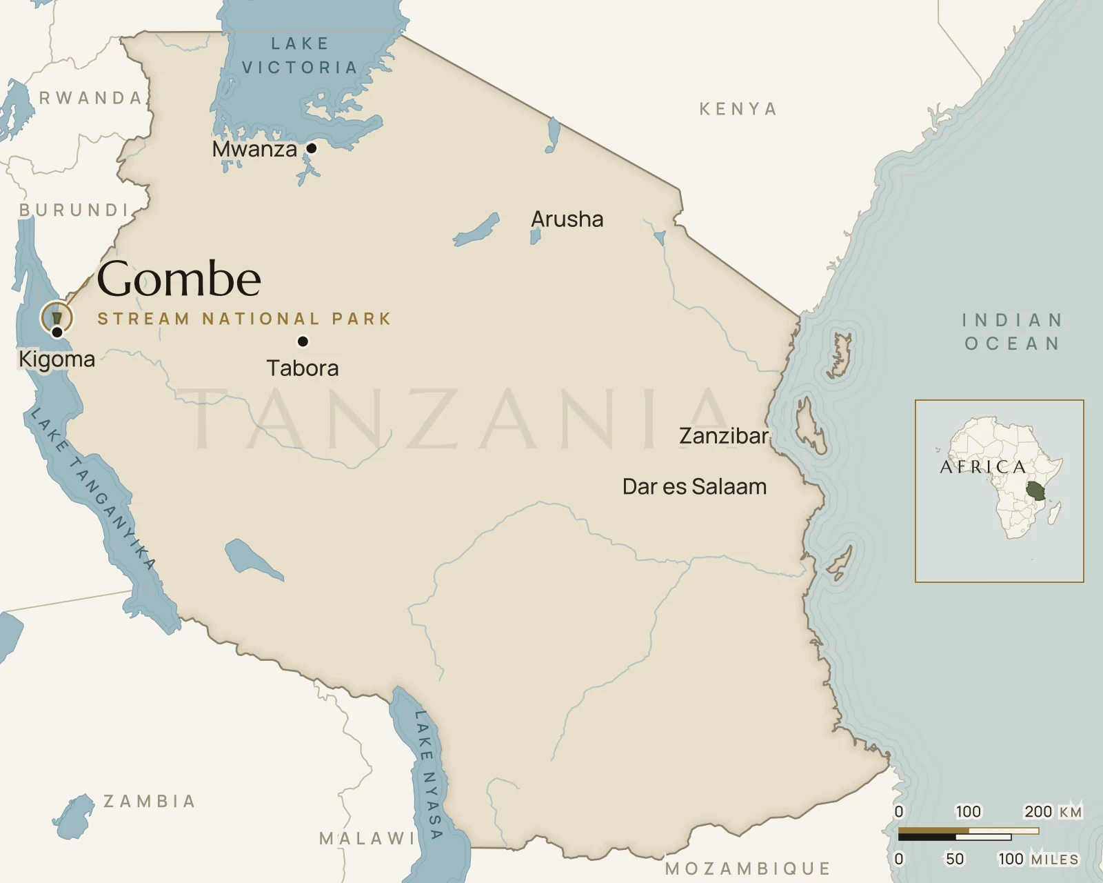 Map of Tanzania showing where Gombe National Park is: western Tanzania, on Lake Tanganyika north of Kigoma.