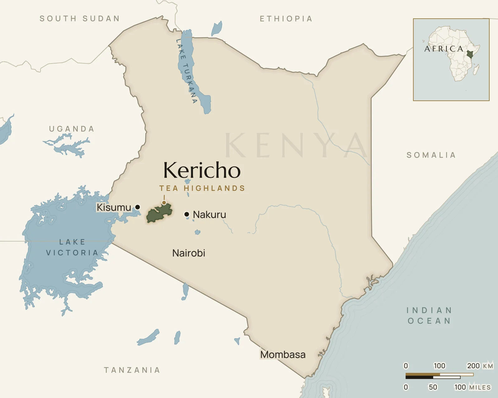 Map of Kenya showing where Kericho is: western Kenya’s highlands, east of Lake Victoria