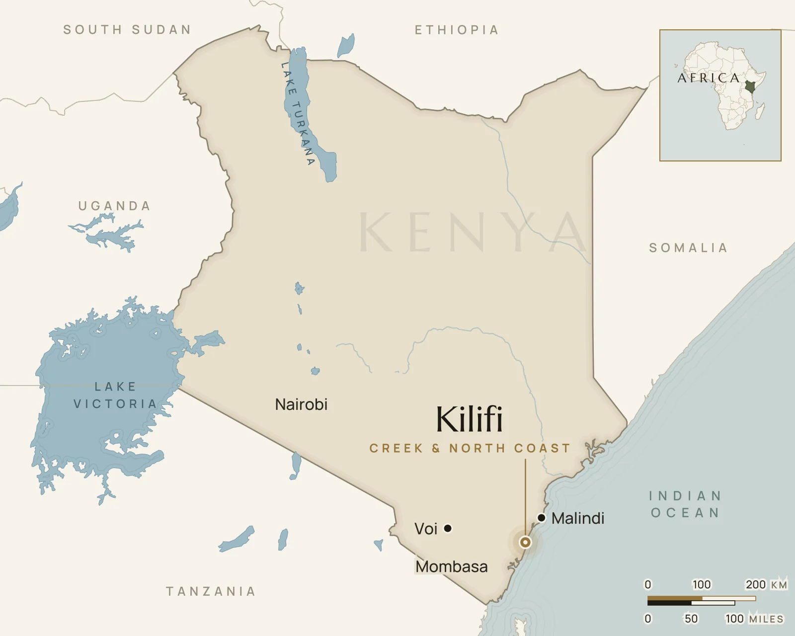 Map of Kenya showing where Kilifi is: kenya’s north coast, between Mombasa and Malindi