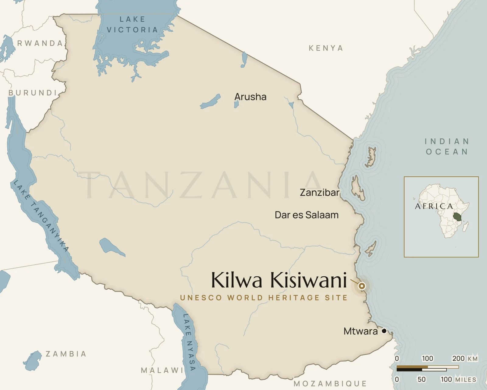 Map of Tanzania showing where Kilwa Kisiwani is: an island off Tanzania's southern coast, near Kilwa Masoko.