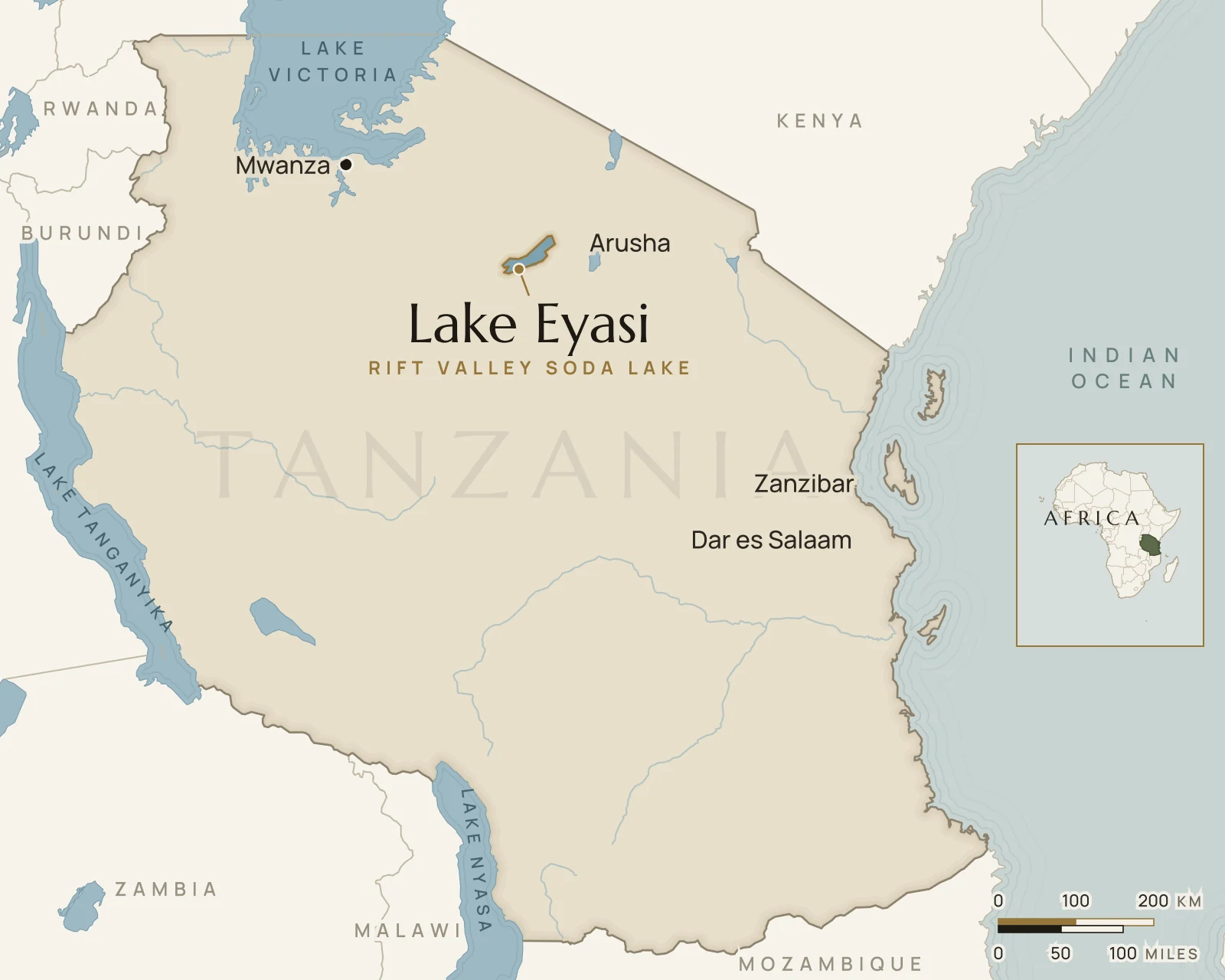 Map of Tanzania showing where Lake Eyasi is: northern Tanzania, south-west of Ngorongoro.