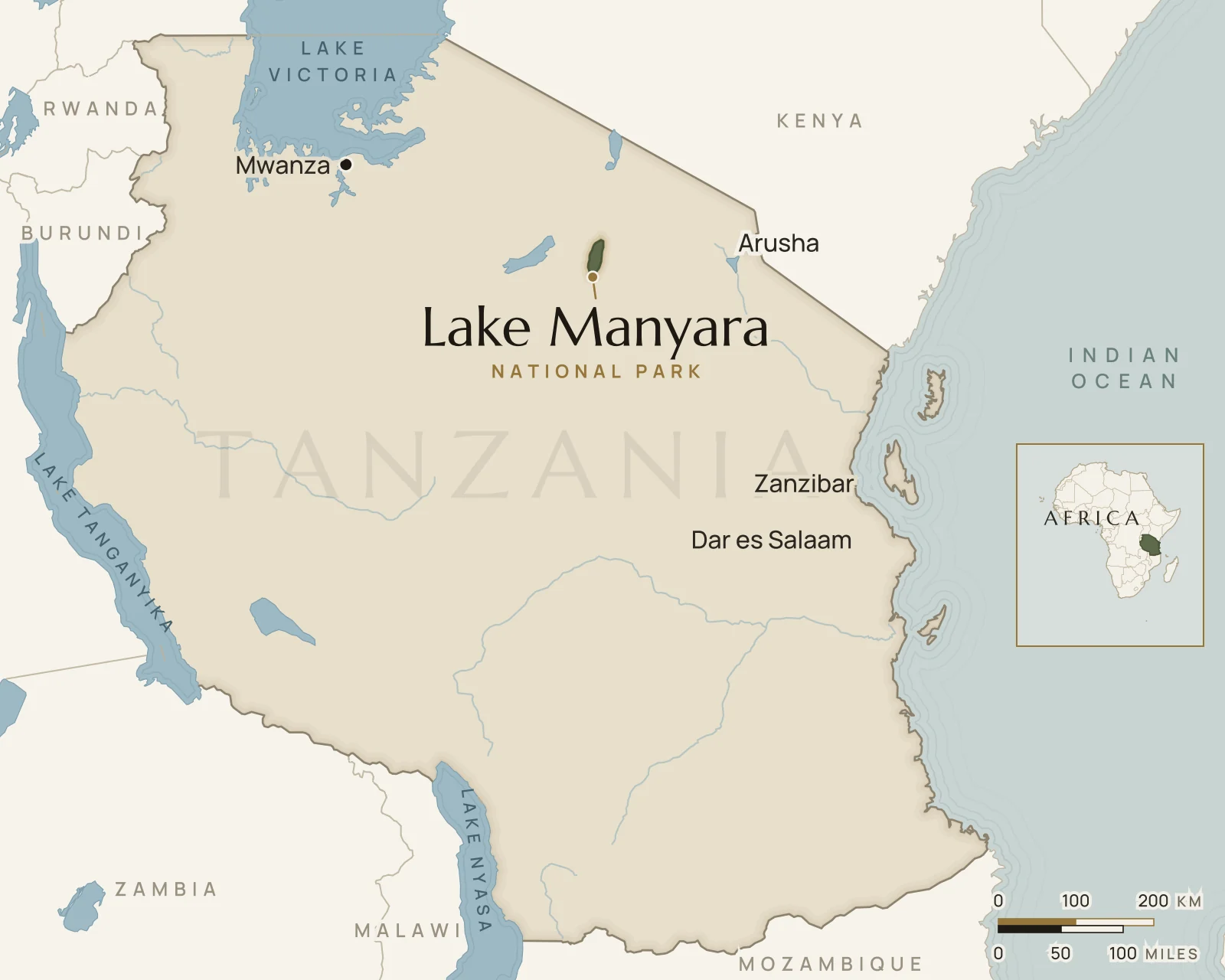 Map of Tanzania showing where Lake Manyara National Park is: northern Tanzania, beneath the Rift Valley escarpment.
