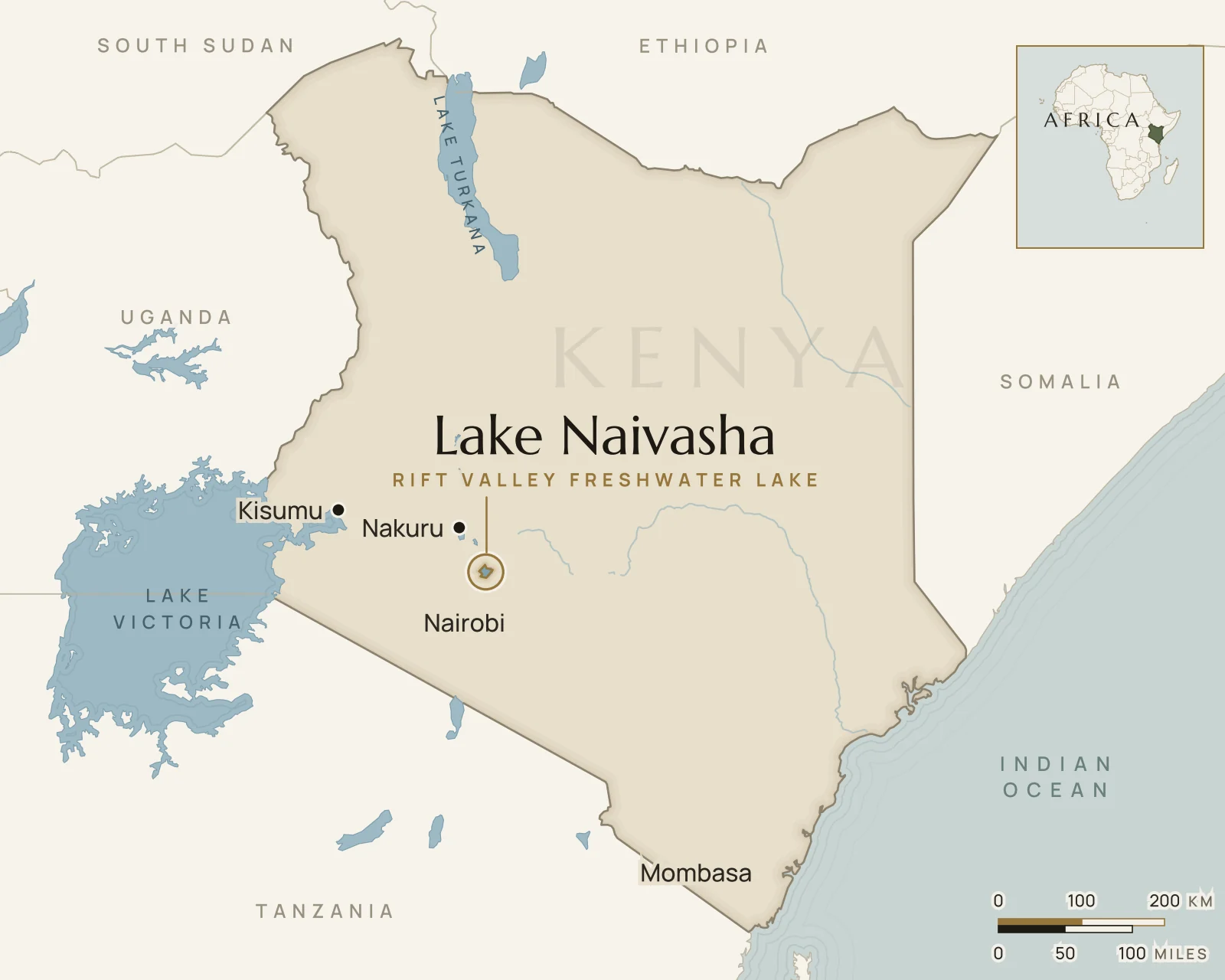 Map of Kenya showing where Lake Naivasha is: kenya’s Central Rift Valley, north-west of Nairobi