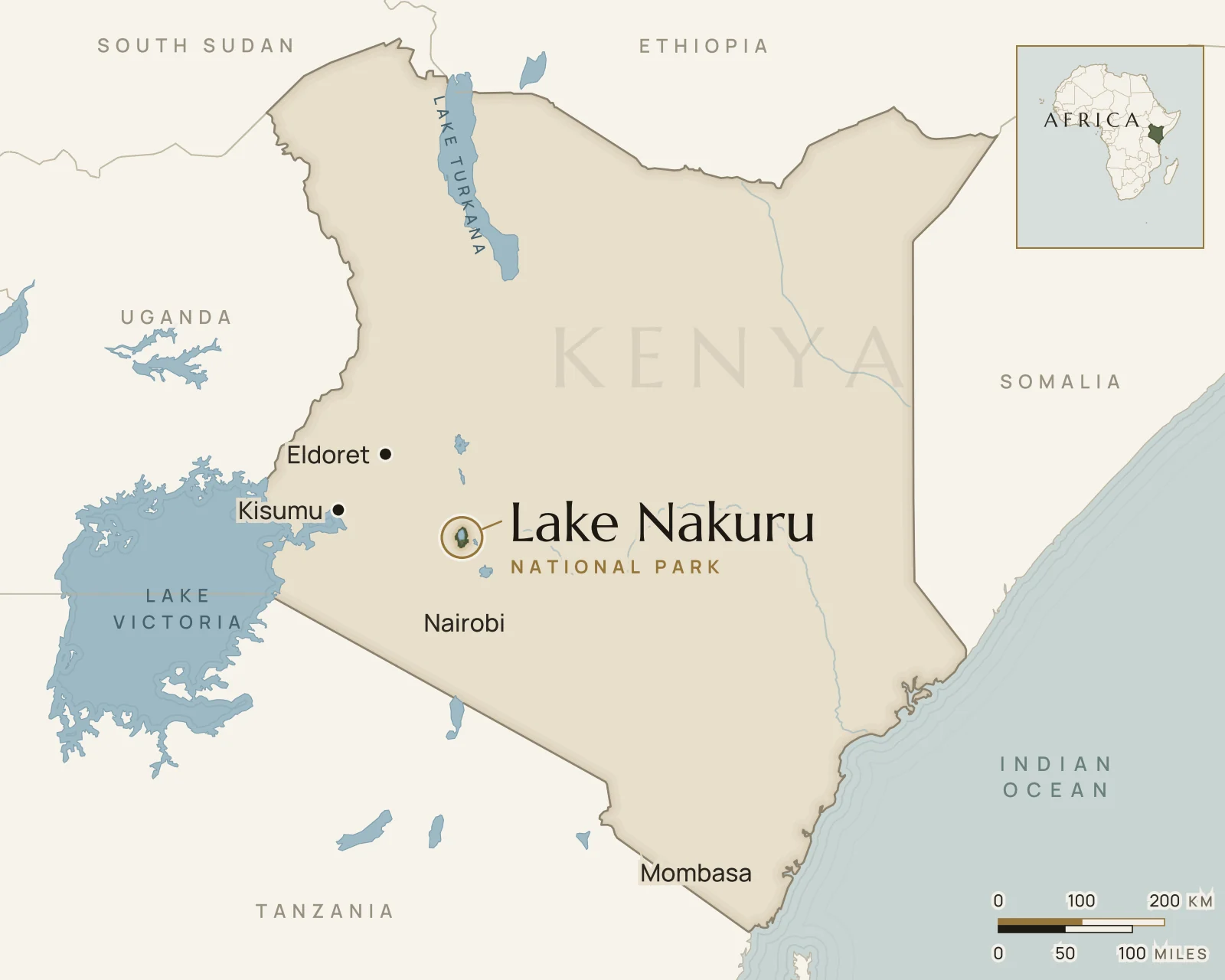 Map of Kenya showing where Lake Nakuru National Park is: kenya’s Central Rift Valley, beside the city of Nakuru