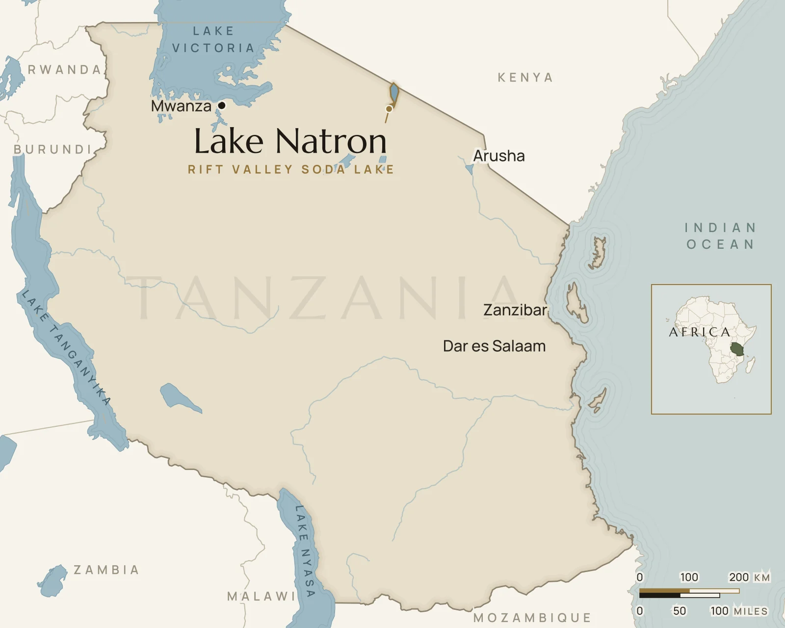 Map of Tanzania showing where Lake Natron is: northern Tanzania, in the Rift Valley on the Kenyan border.