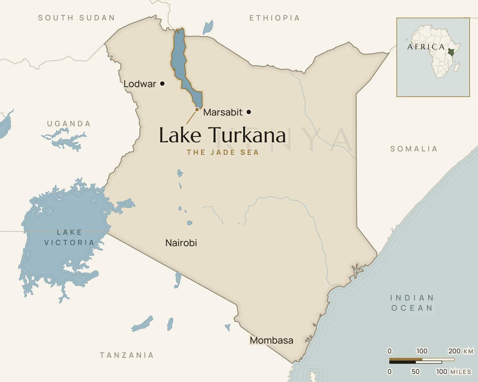 Map of Kenya showing where Lake Turkana is: far northern Kenya, reaching north into Ethiopia
