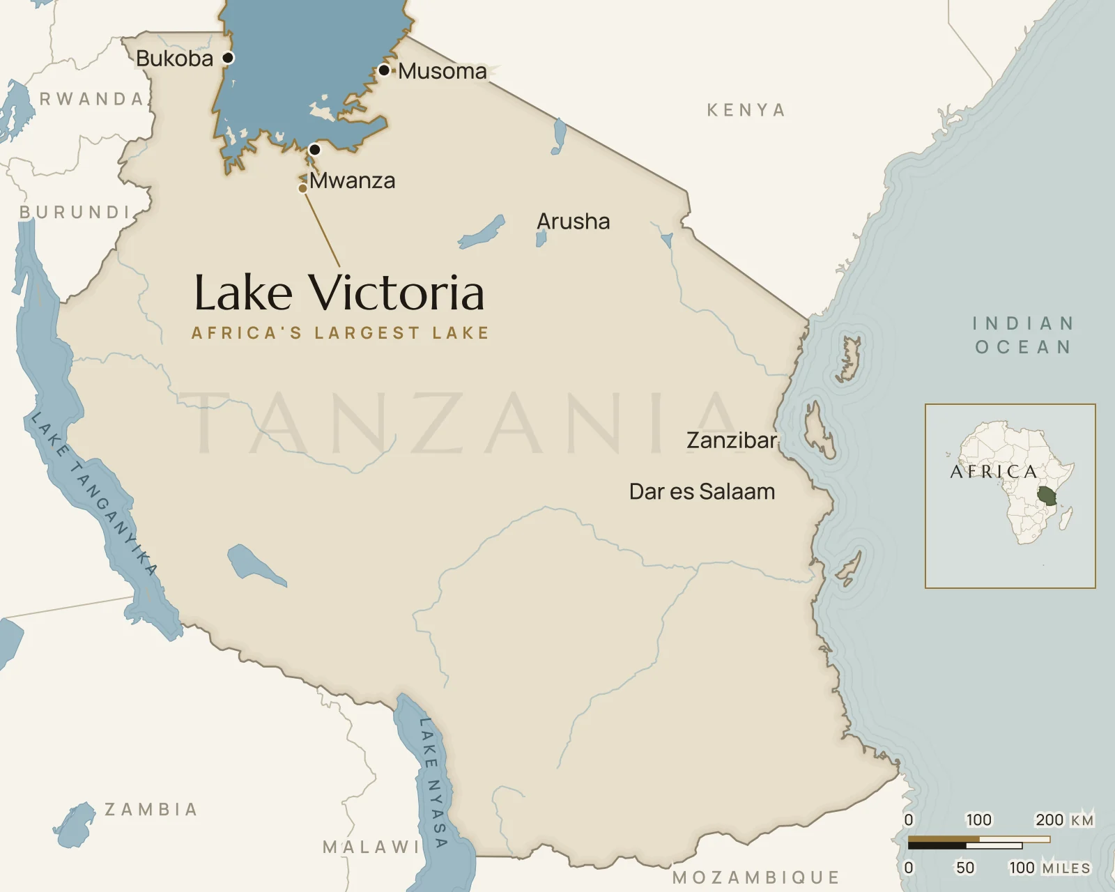 Map of Tanzania showing where Lake Victoria is: north-western Tanzania, shared with Kenya and Uganda.