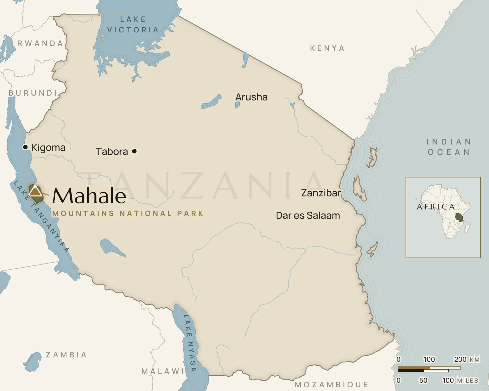 Map of Tanzania showing where Mahale Mountains National Park is: western Tanzania, on the shores of Lake Tanganyika.