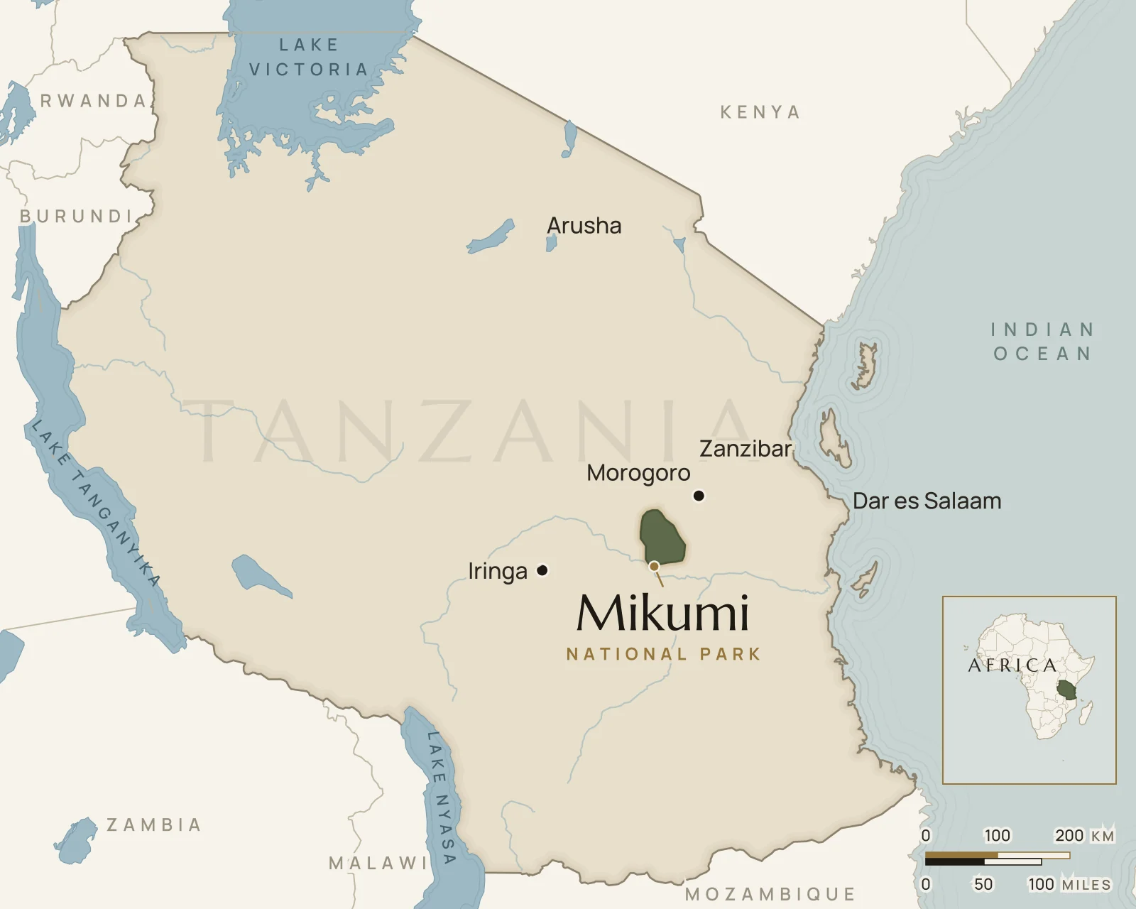Map of Tanzania showing where Mikumi National Park is: between Dar es Salaam and Iringa, west of Morogoro.