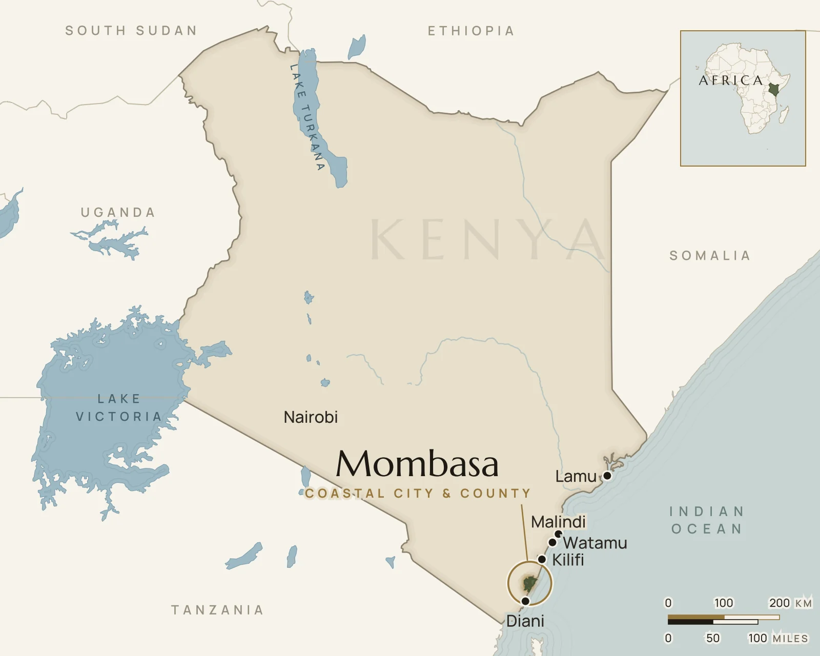 Map of Kenya showing where Mombasa is: kenya’s coast, on Mombasa Island and the mainland around it