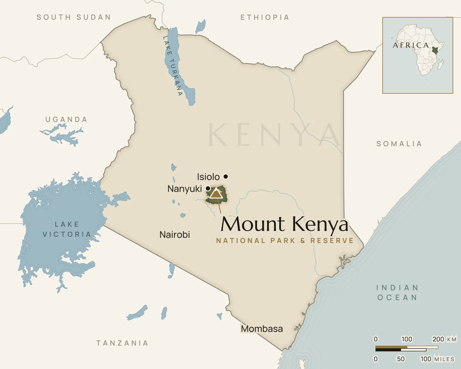 Map of Kenya showing where Mount Kenya Region is: central Kenya, astride the equator