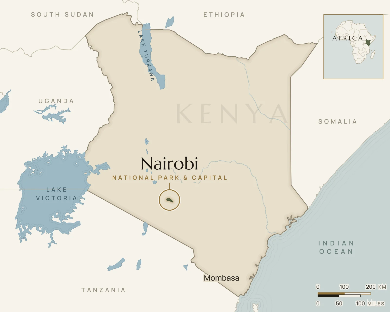 Map of Kenya showing where Nairobi National Park is: on the southern edge of Nairobi, Kenya’s capital