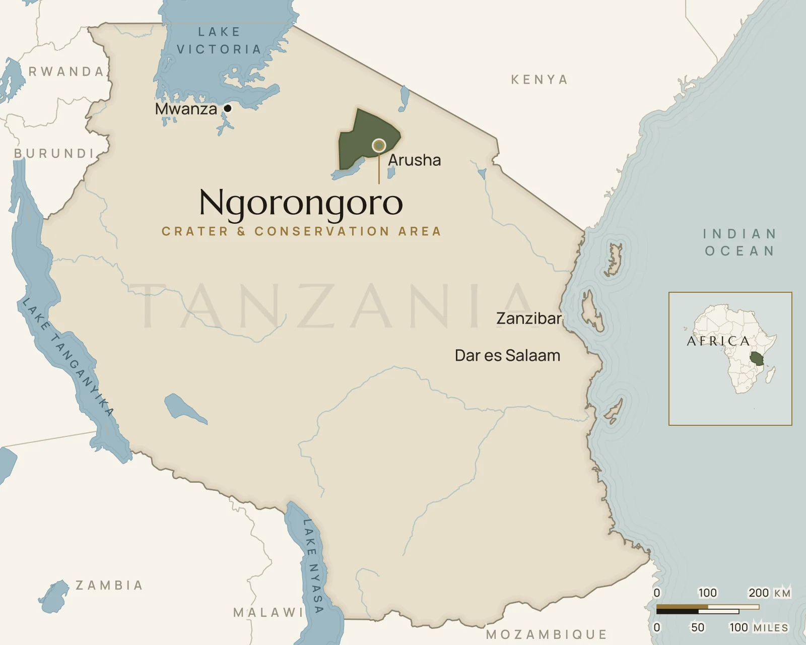 Map of Tanzania showing where Ngorongoro Crater is: northern Tanzania, between Arusha and the Serengeti.
