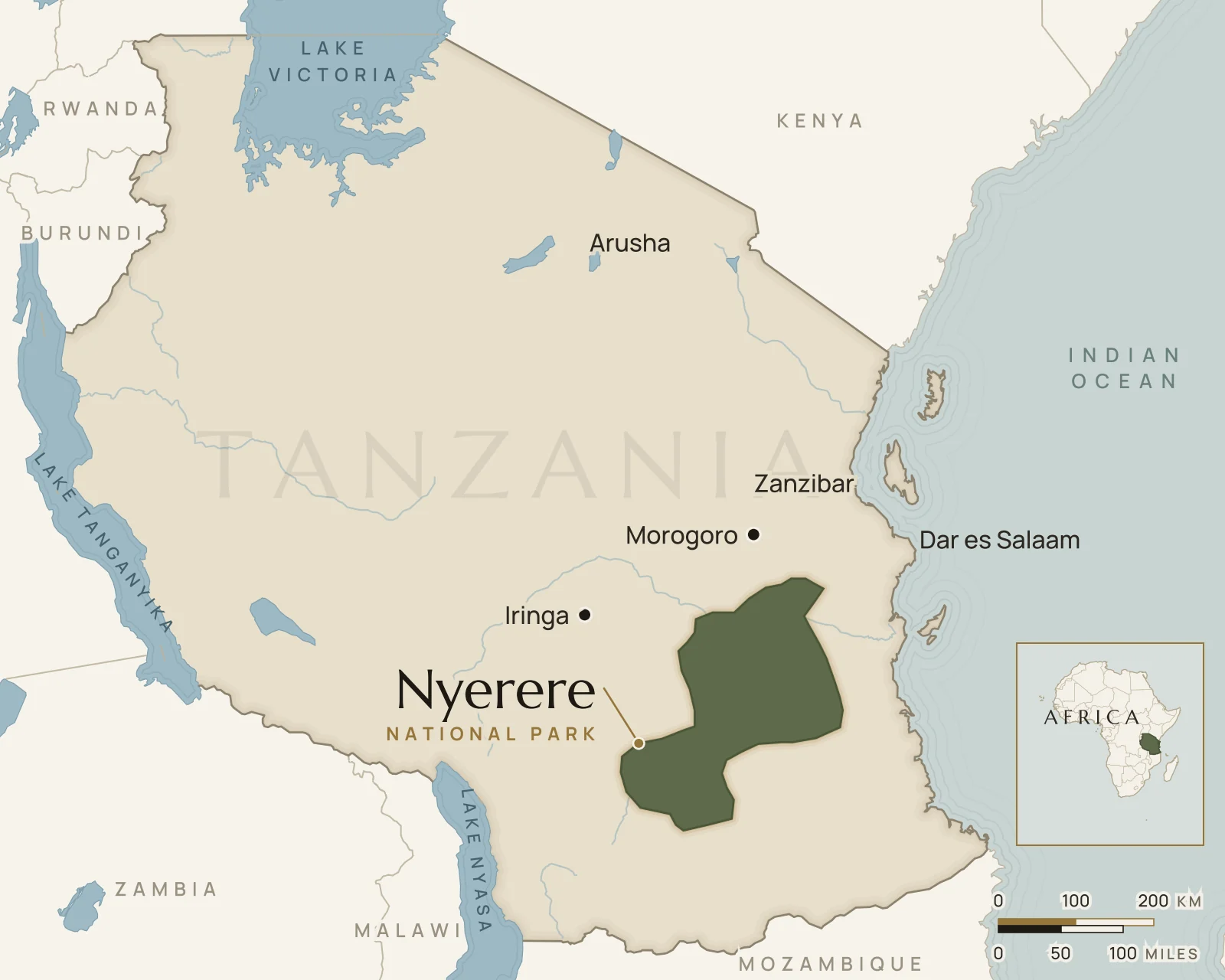 Map of Tanzania showing where Nyerere National Park is: southern Tanzania, south-west of Dar es Salaam.