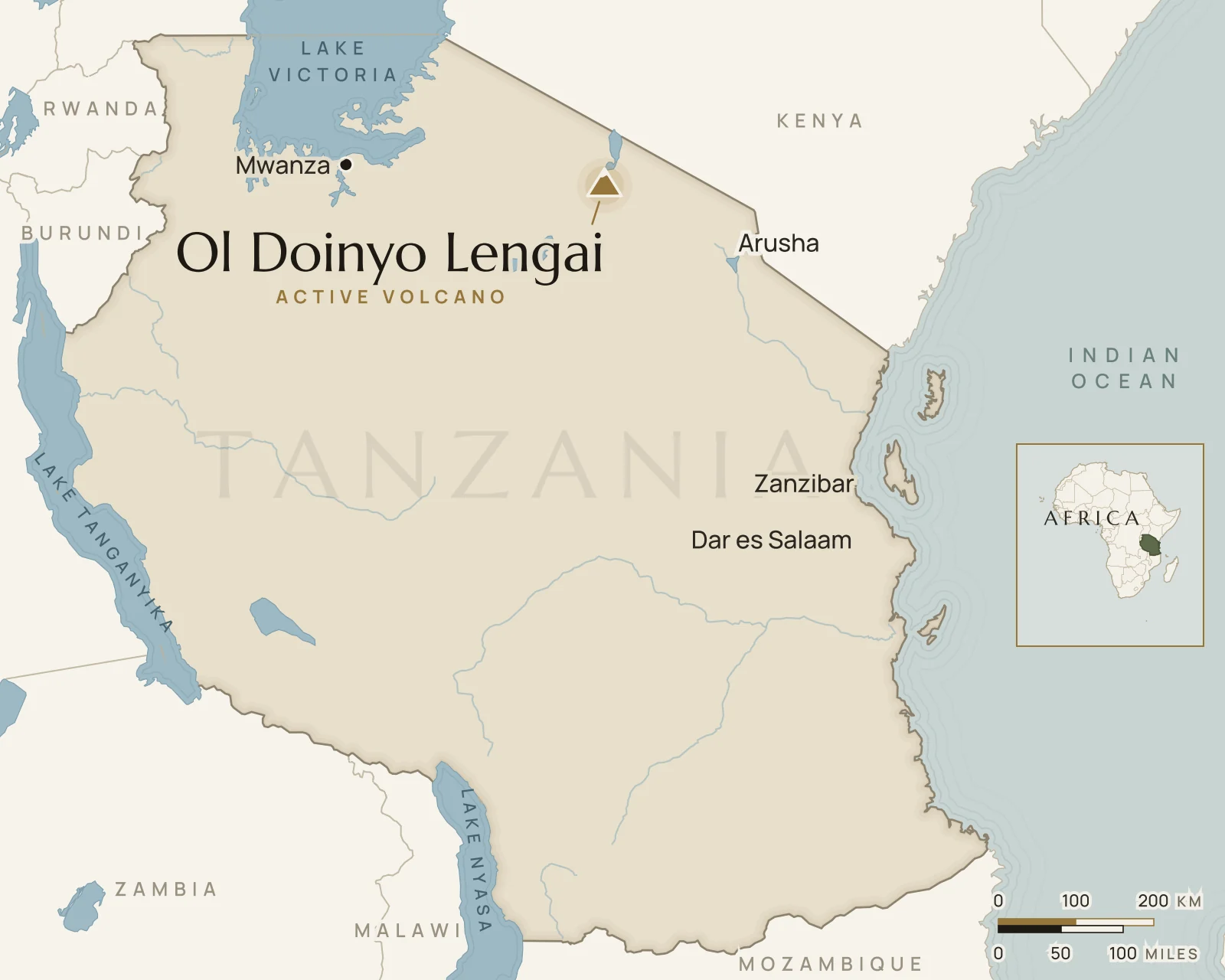 Map of Tanzania showing where Ol Doinyo Lengai is: northern Tanzania, just south of Lake Natron.