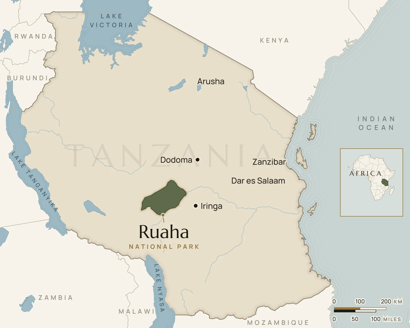 Map of Tanzania showing where Ruaha National Park is: southern Tanzania, west of Iringa.