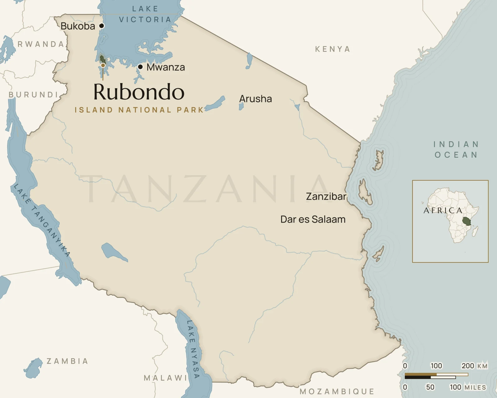 Map of Tanzania showing where Rubondo Island is: in the south-west of Lake Victoria.