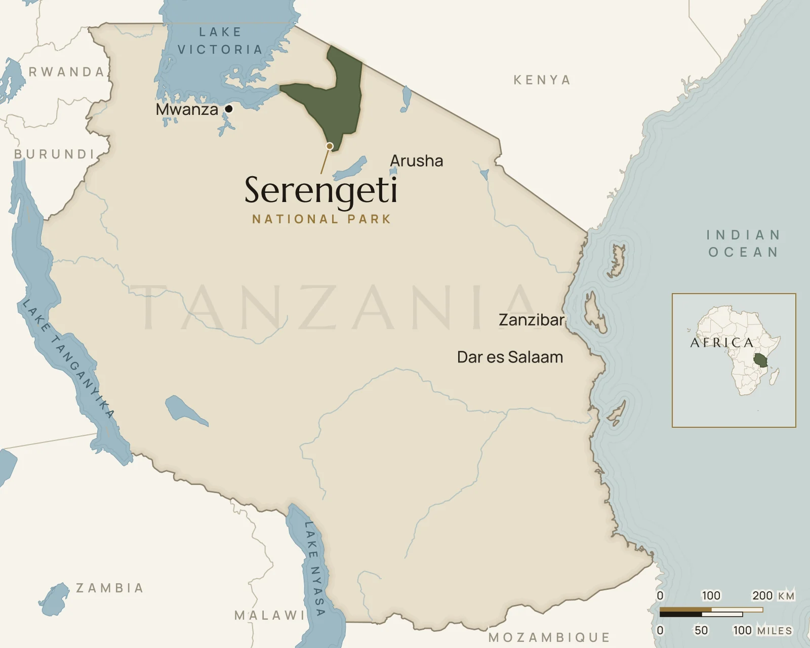 Map of Tanzania showing Serengeti National Park in the north of the country, between Lake Victoria and Arusha, on the border with Kenya