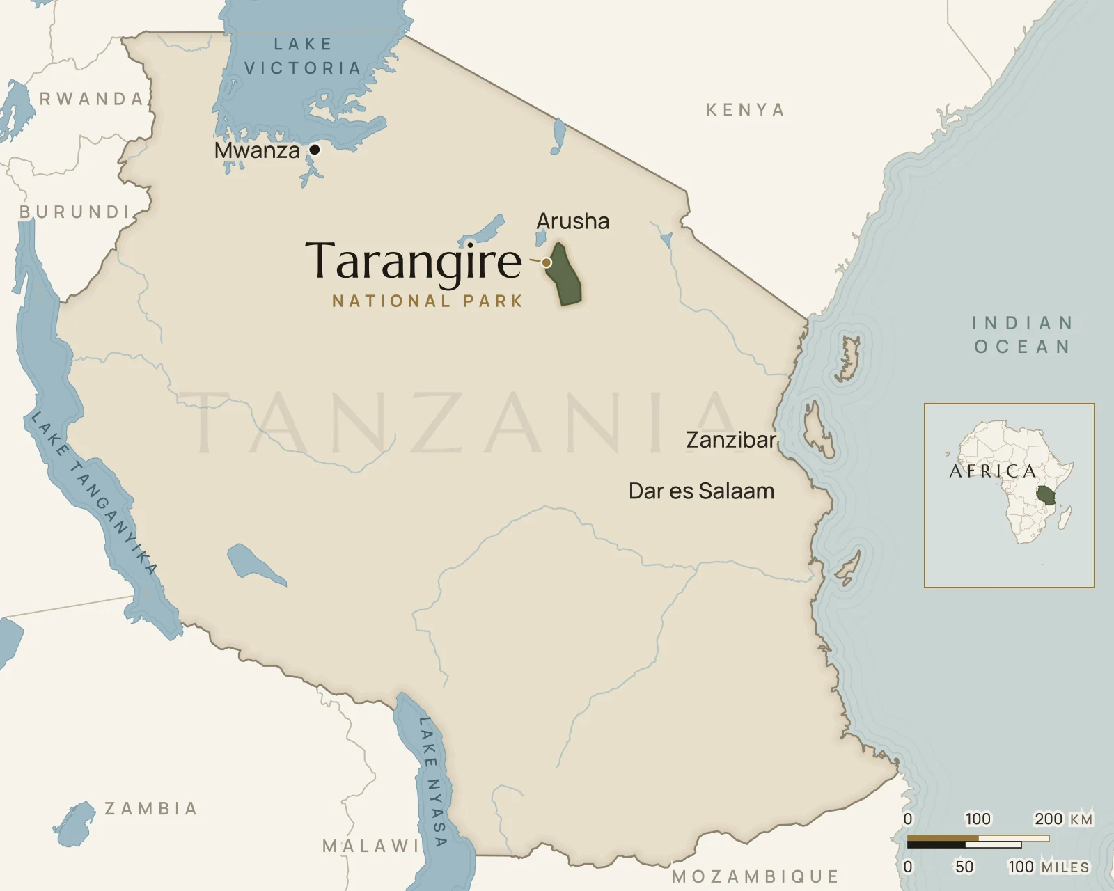 Map of Tanzania showing where Tarangire National Park is: northern Tanzania, south-west of Arusha.