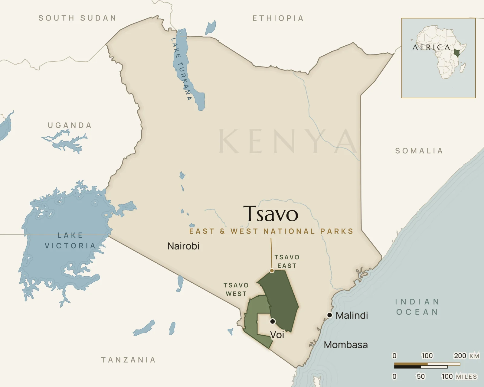 Map of Kenya showing where Tsavo National Park is: south-east Kenya, between Nairobi and the coast