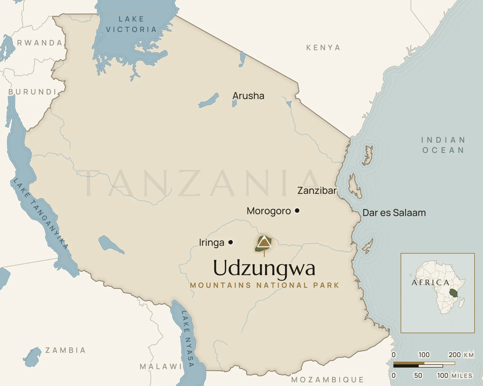 Map of Tanzania showing where Udzungwa Mountains is: south-central Tanzania, south-west of Mikumi.