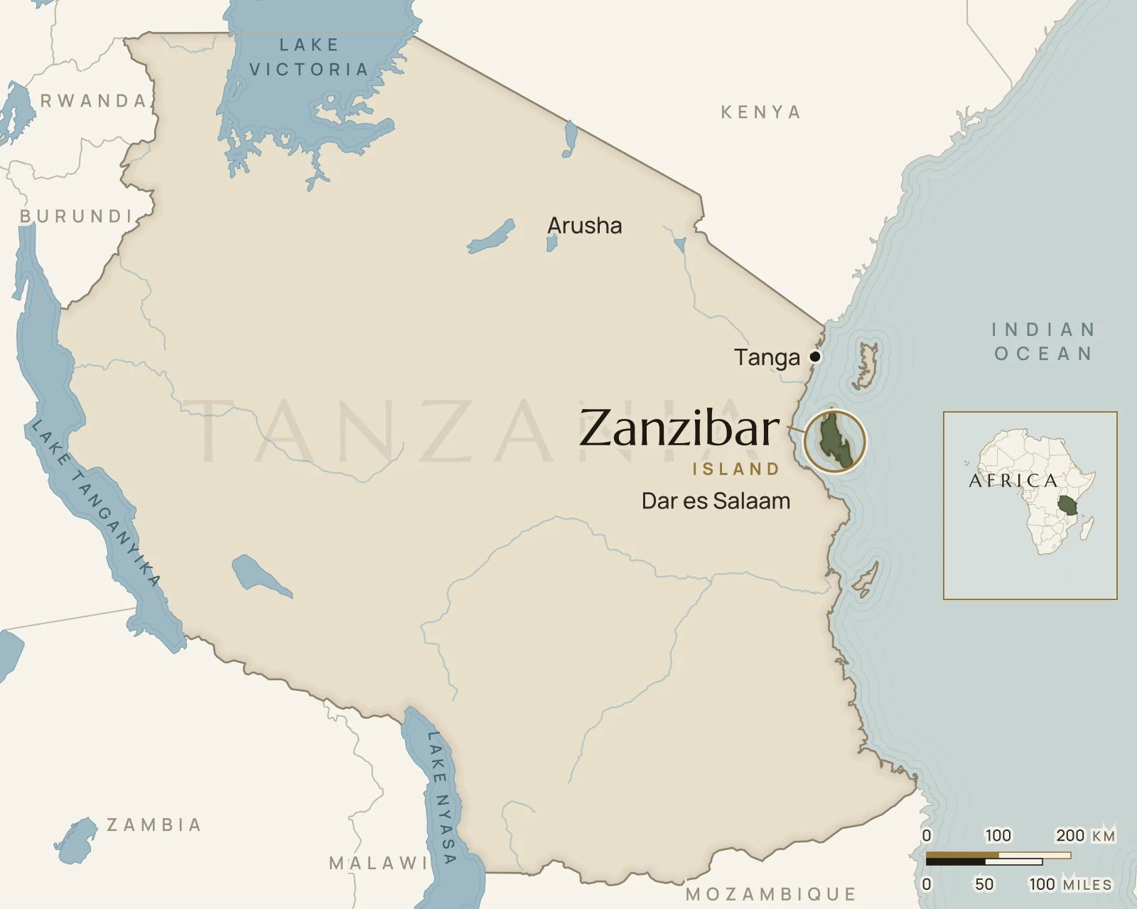 Map of Tanzania showing where Zanzibar is: off the coast, north of Dar es Salaam.